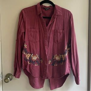 Red Velvety button-up with floral embroidery
